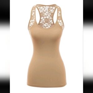 LAST 1* Beige solid racerback long fitted sleeveless Lace Trim tank top shirt